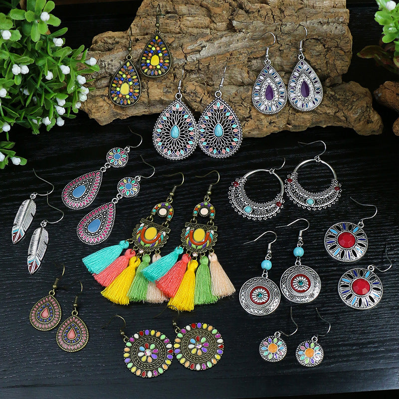 Wholesale Retro Tassel Hollow Alloy Oil Dripping Earrings Set